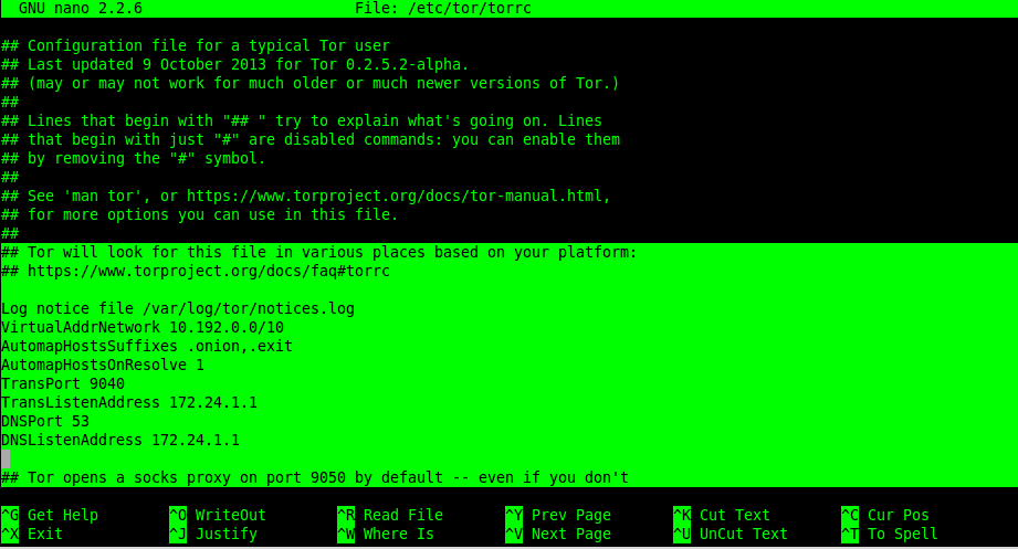 sudo nano /etc/tor/torcc
